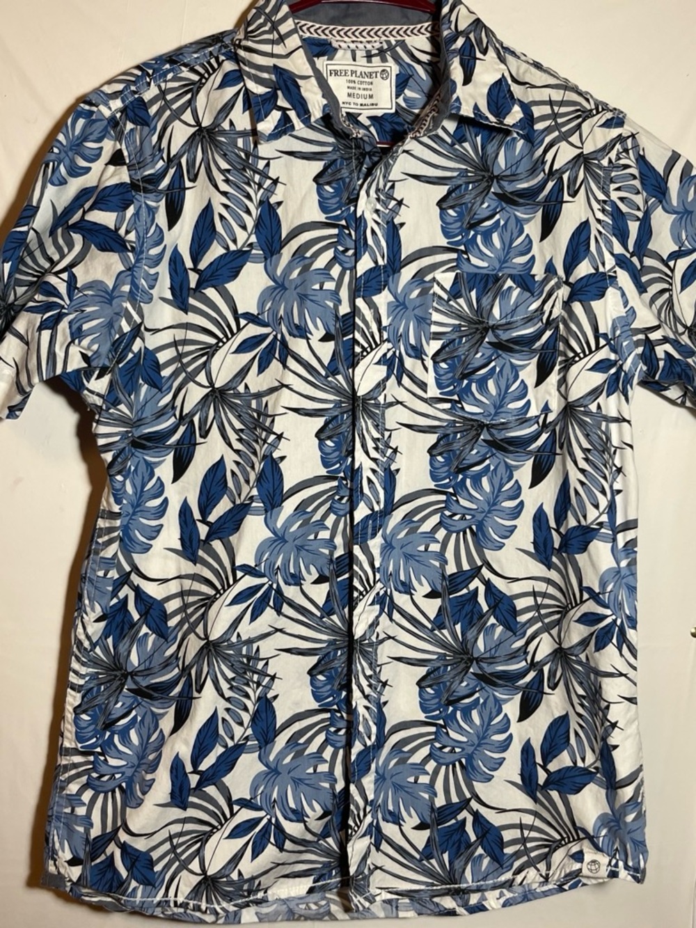 Free Planet White Short-Sleeve Button-Up with Navy and Light Blue Leaf Print